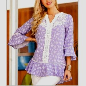 Suzanne Betro M Lilac Floral Blouse Tunic - Lace